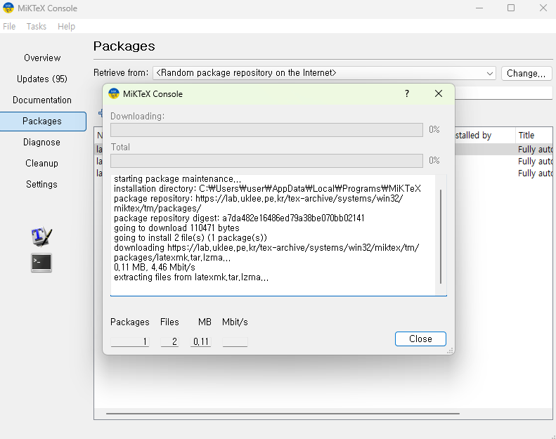MiKTeX package installation progress window