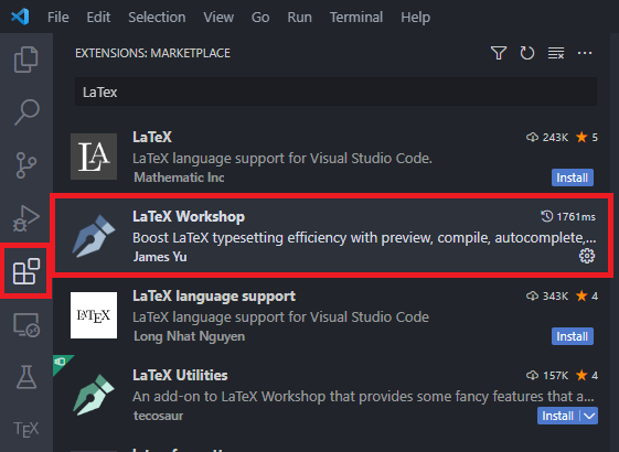 VS Code extensions panel with LaTeX Workshop
