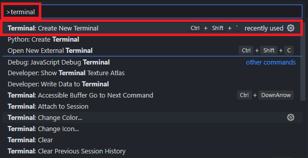 VS Code Command Palette with Terminal: Create New Terminal selected