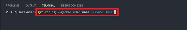 VS Code terminal with git config global user.name command