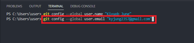 VS Code terminal with git config global user.email command