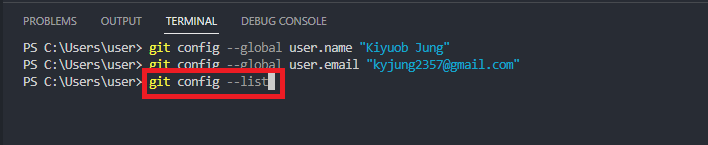 VS Code terminal with git config list command