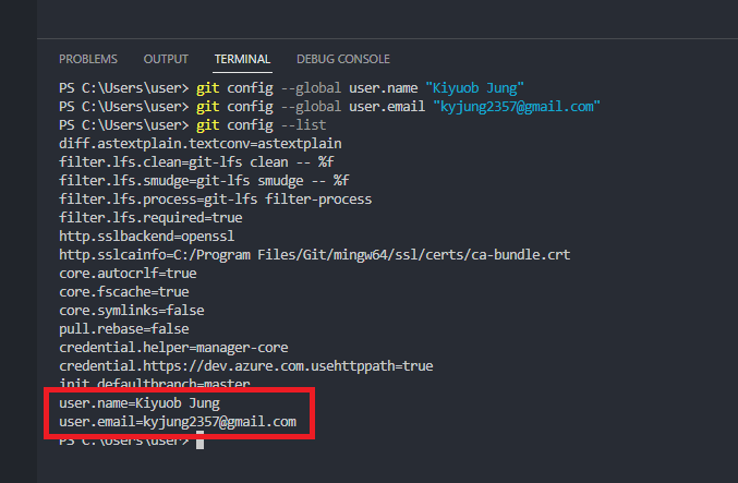 VS Code terminal output showing user.name and user.email in git config list
