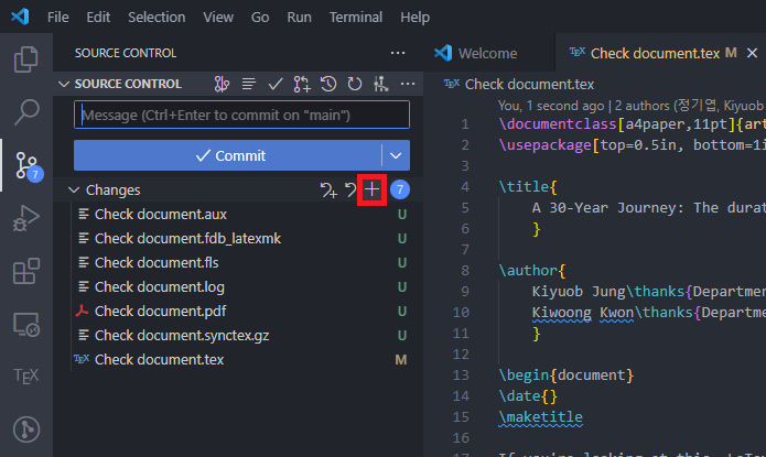 VS Code Source Control plus button for staging changes