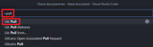 VS Code Command Palette pull command