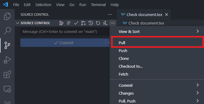 VS Code Source Control menu with Pull highlighted
