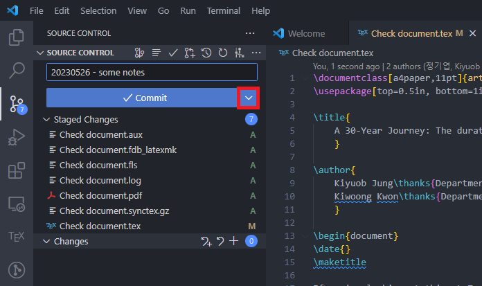 VS Code Source Control commit button menu