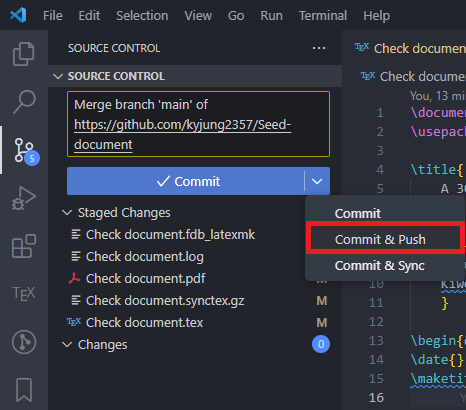 VS Code Source Control menu with Commit & Push highlighted