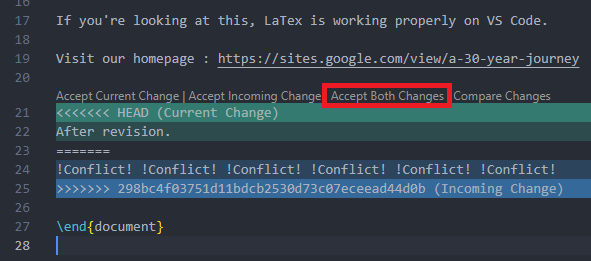 VS Code conflict editor with Accept Both Changes highlighted