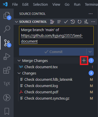 VS Code Source Control with Merge Changes ready to stage