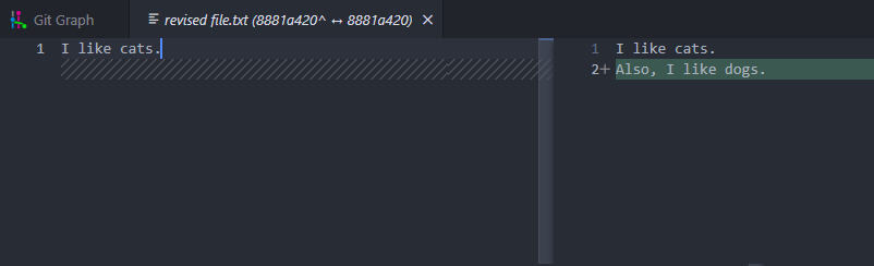 Git Graph detailed file change showing added text