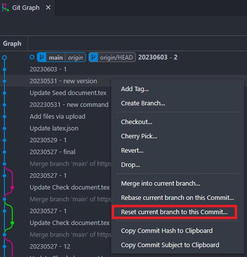 Reset current branch to this commit menu in Git Graph