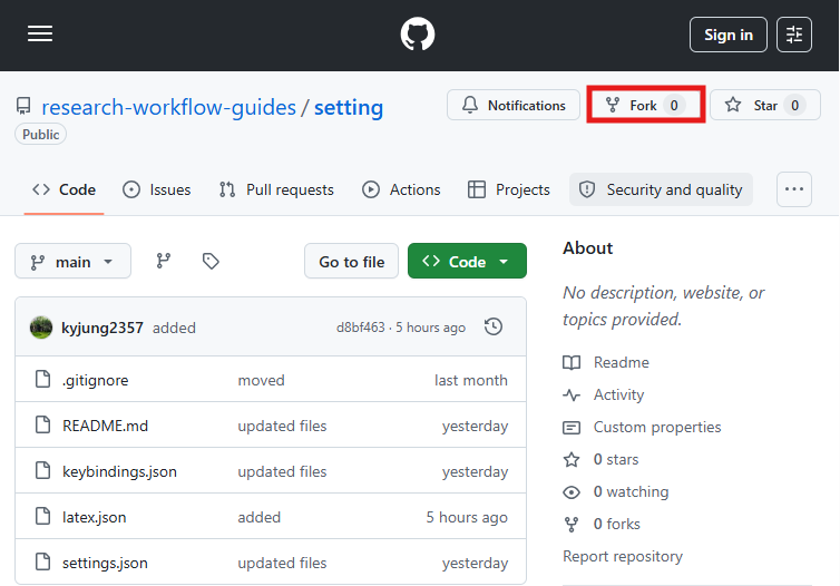 GitHub repository page with the Fork button highlighted