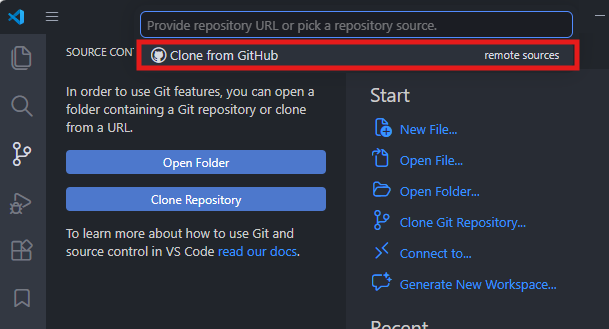 VS Code clone source picker with Clone from GitHub selected