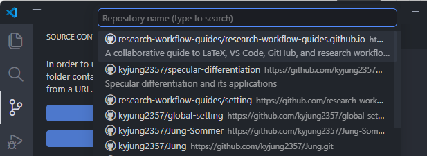 VS Code repository picker with a GitHub repository selected
