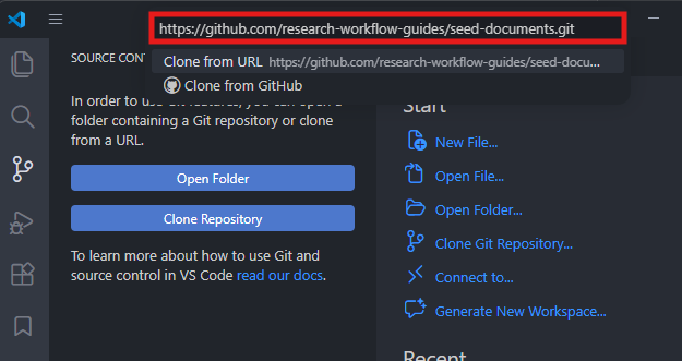 VS Code clone input for pasting a GitHub repository URL