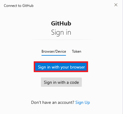 VS Code Connect to GitHub dialog with Sign in with your browser highlighted
