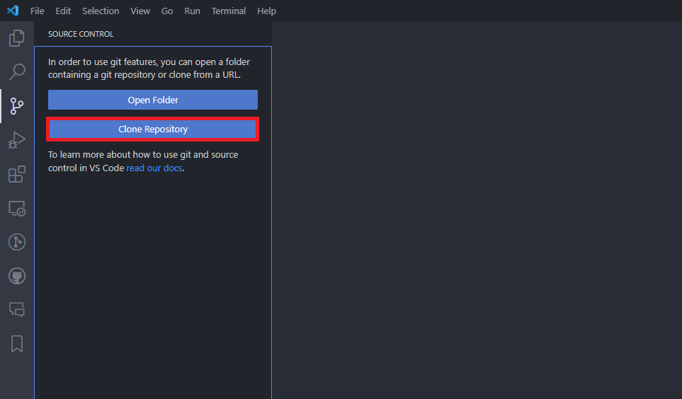 VS Code source control panel with Clone Repository