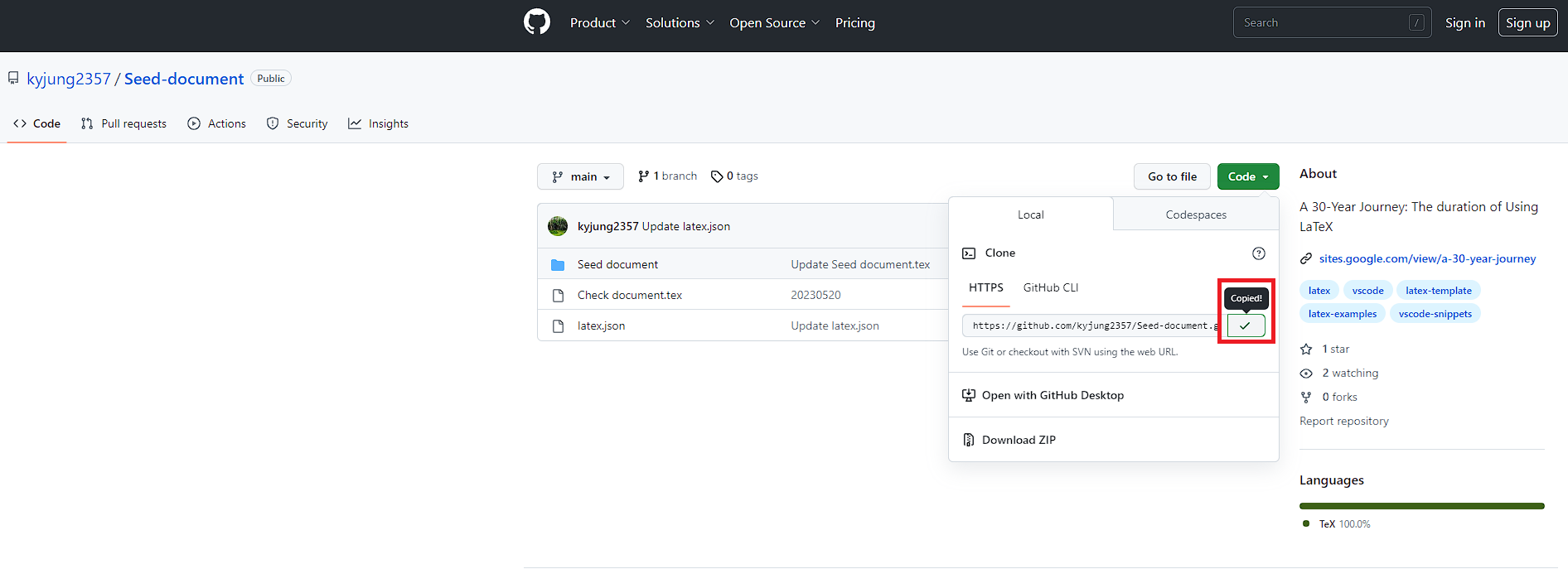 GitHub repository page with the clone URL copied