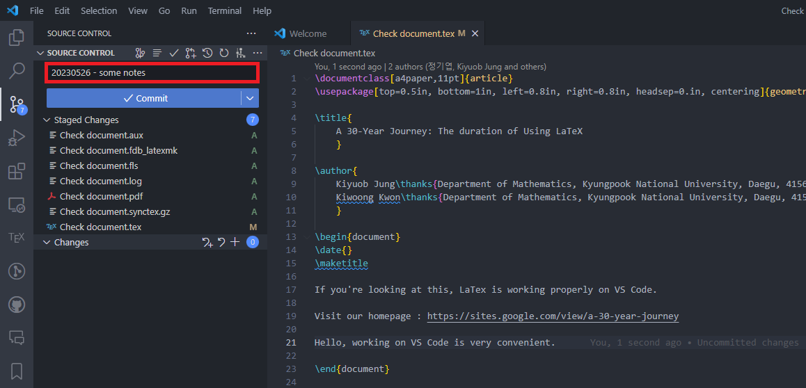 VS Code commit menu showing Commit & Push