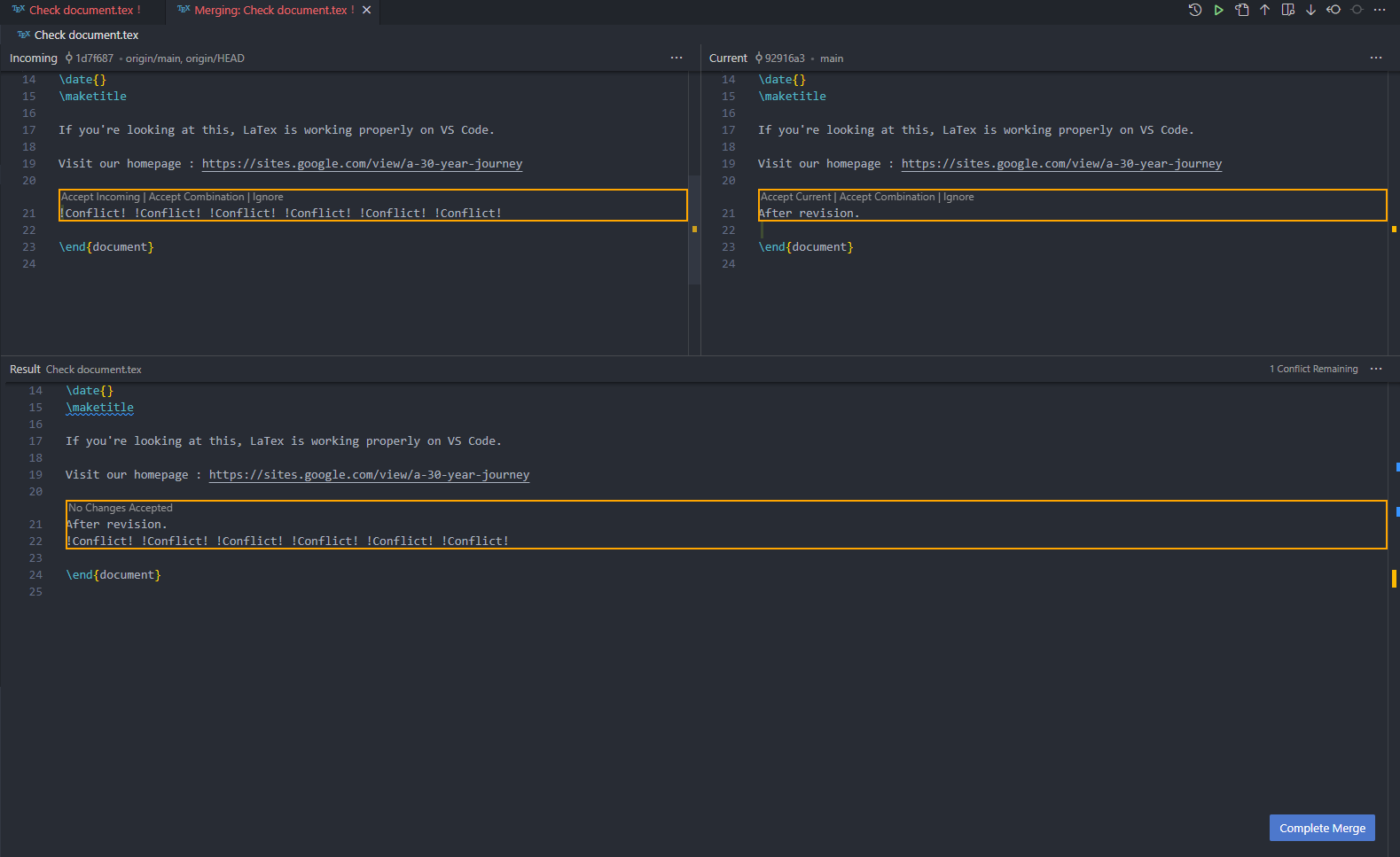 VS Code source control panel during a merge with merge changes shown