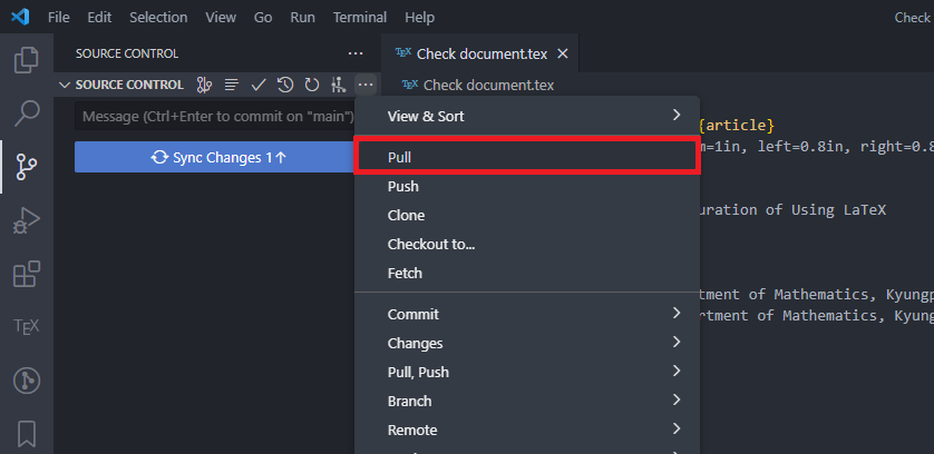 VS Code source control menu with Pull highlighted after a push warning