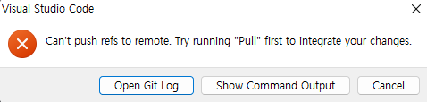 VS Code warning that a push was rejected and a pull is required