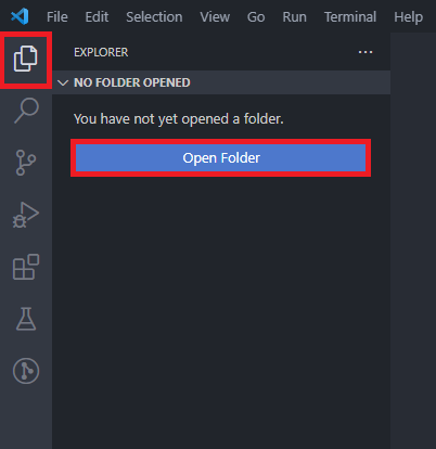 VS Code empty window with the Open Folder button visible