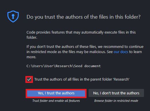 VS Code trust prompt asking whether to trust the authors of the opened folder