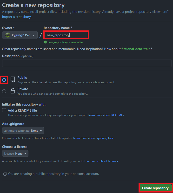 GitHub create repository form