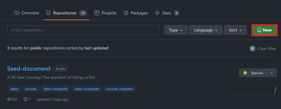 GitHub repositories page with the New button highlighted