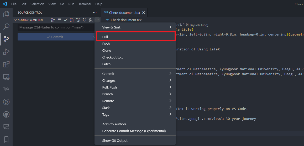VS Code source control menu with Pull highlighted