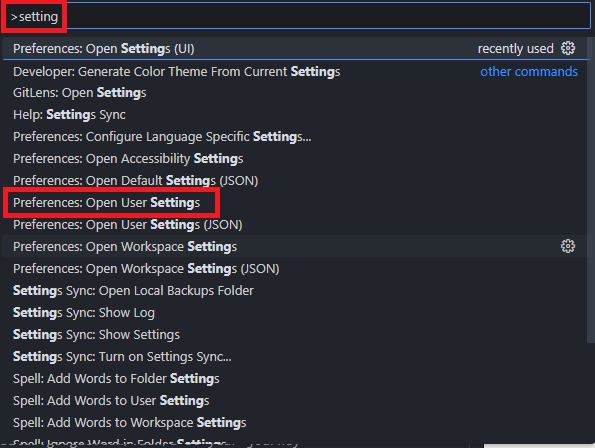 VS Code Command Palette showing Preferences Open User Settings