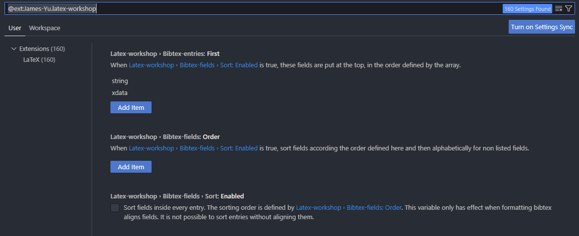 VS Code Settings filtered to LaTeX Workshop extension settings
