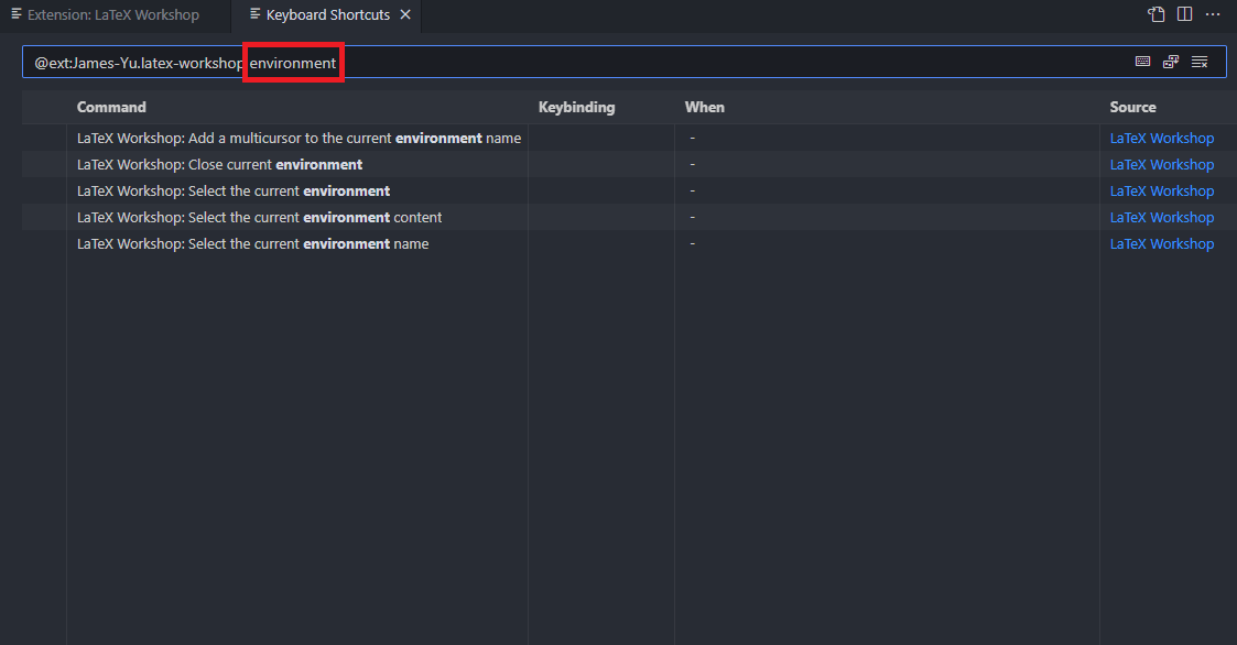 VS Code Keyboard Shortcuts view filtered to one environment-related LaTeX Workshop command