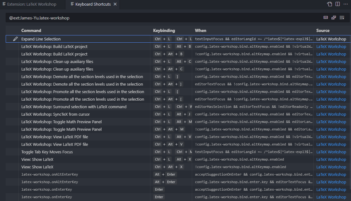 VS Code Keyboard Shortcuts filtered to LaTeX Workshop commands