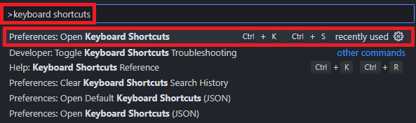 VS Code Command Palette showing Preferences Open Keyboard Shortcuts
