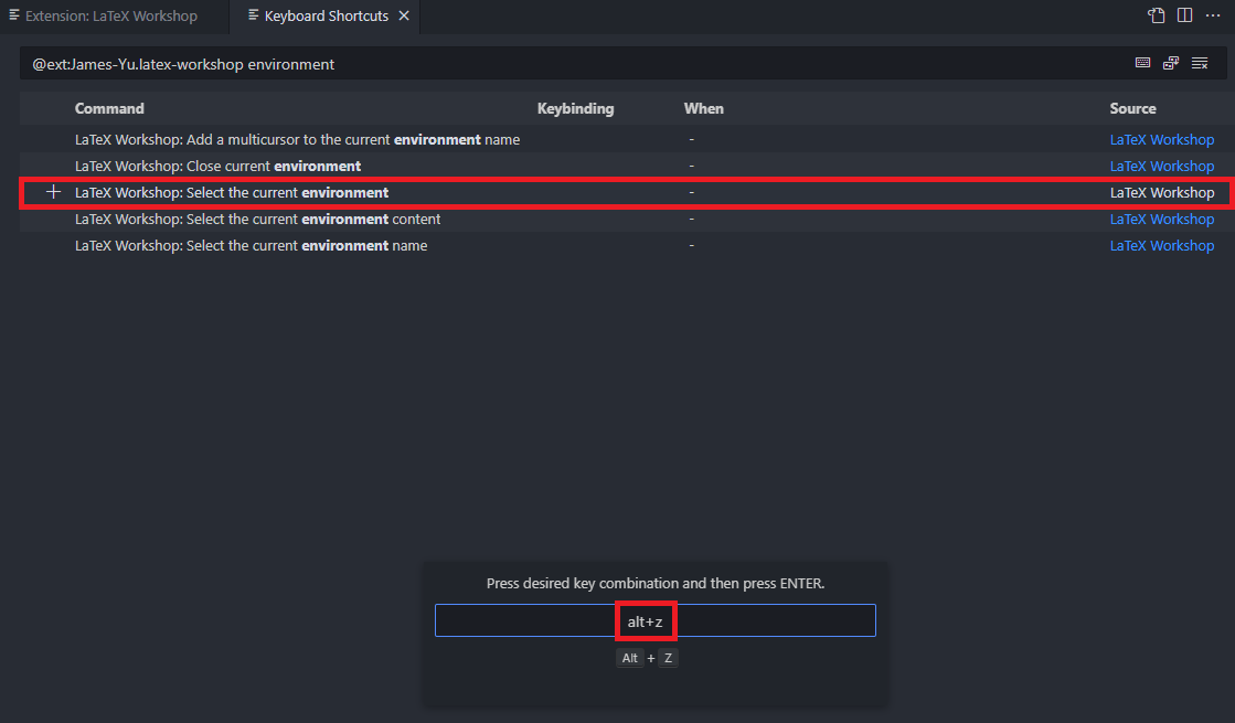 VS Code Keyboard Shortcuts view with one command selected for keybinding entry