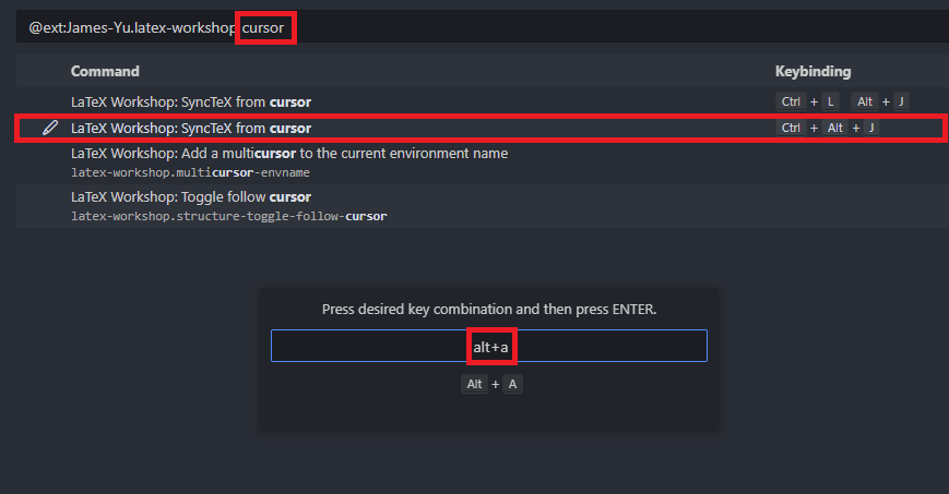 VS Code Keyboard Shortcuts view showing LaTeX Workshop SyncTeX from cursor command
