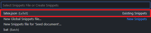 VS Code prompt showing latex.json as the existing LaTeX snippets file