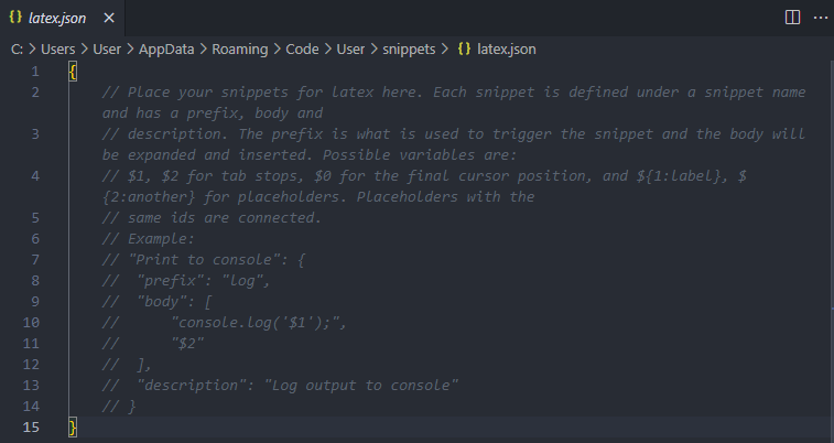 VS Code editor with latex.json open for snippet editing