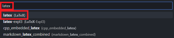 VS Code snippet target search with latex typed in the filter box