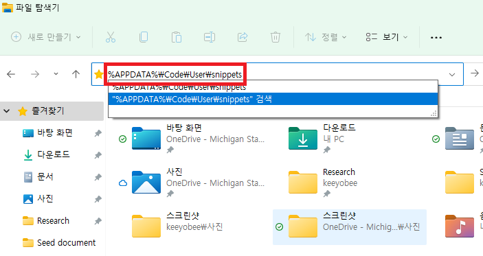 Windows File Explorer showing the AppData Code User snippets path