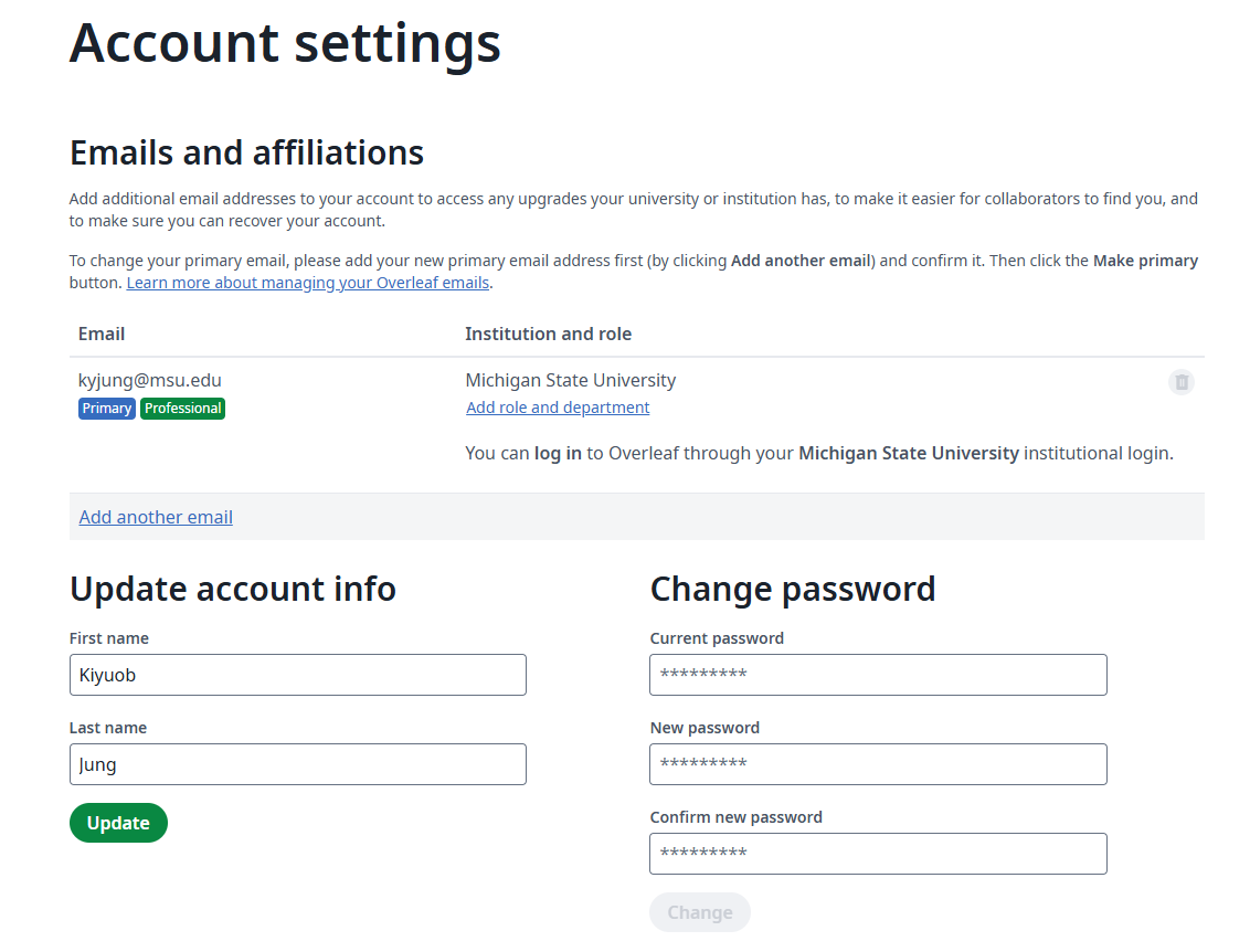 Overleaf account settings showing professional status