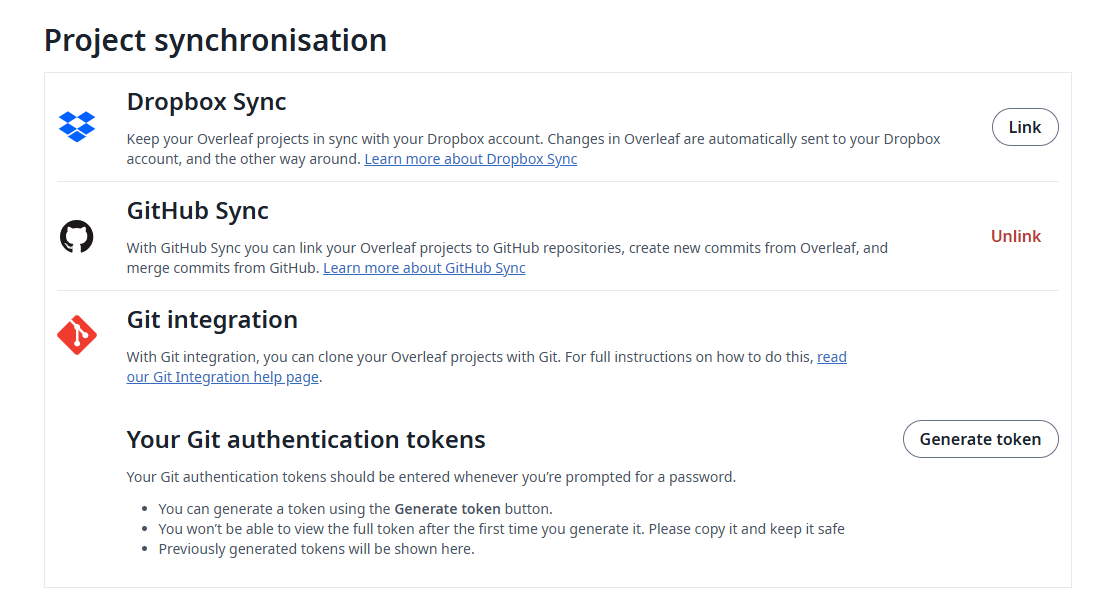 Overleaf project synchronization page showing GitHub Sync availability