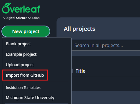 Overleaf import dialog with GitHub repository source