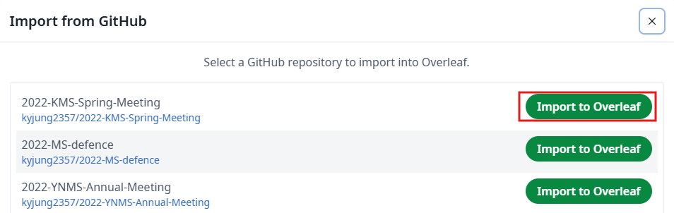Overleaf dialog for selecting a GitHub repository to import