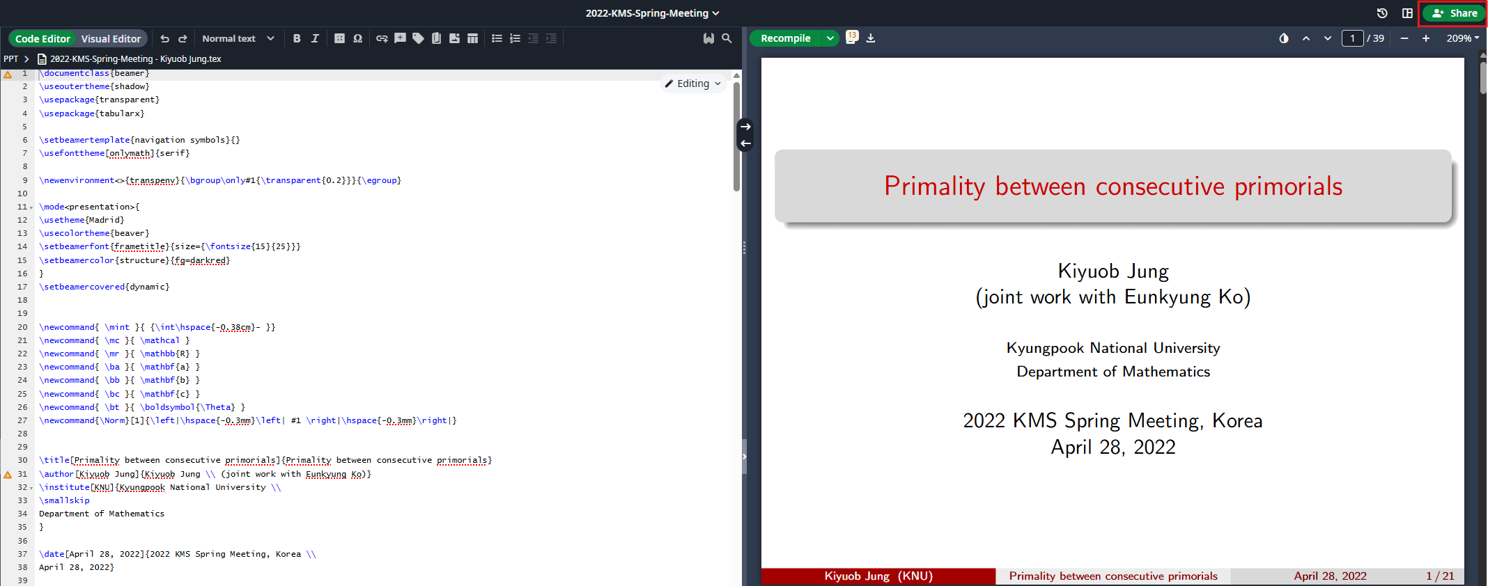 Overleaf editor with the imported LaTeX project open