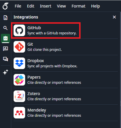 Overleaf GitHub integration menu for syncing project changes