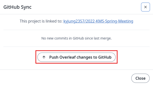 Overleaf confirmation flow for pushing project changes to GitHub